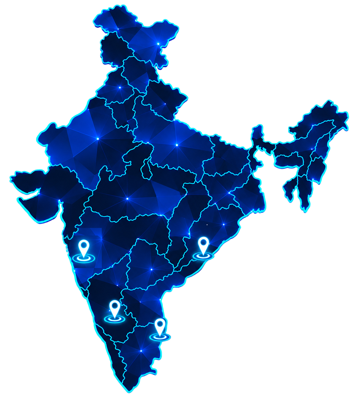 Map of India marking S-LINE's locations: Pune, for business development and market sourcing; Visakhapatnam at AMTZ, for plastics and rapid prototyping; Bengaluru, the R&D and GEM centre; and Chennai, for advanced metals processing.